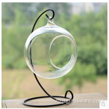 Terariu rotund din sticlă transparentă, cu bază de lemn